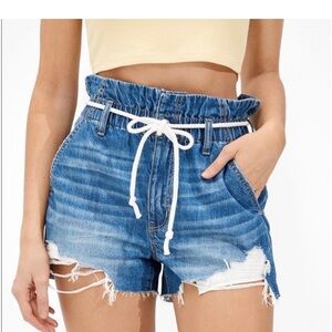 American Eagle Outfitters Paperbag Belted High Waist Blue Denim Mom Shorts